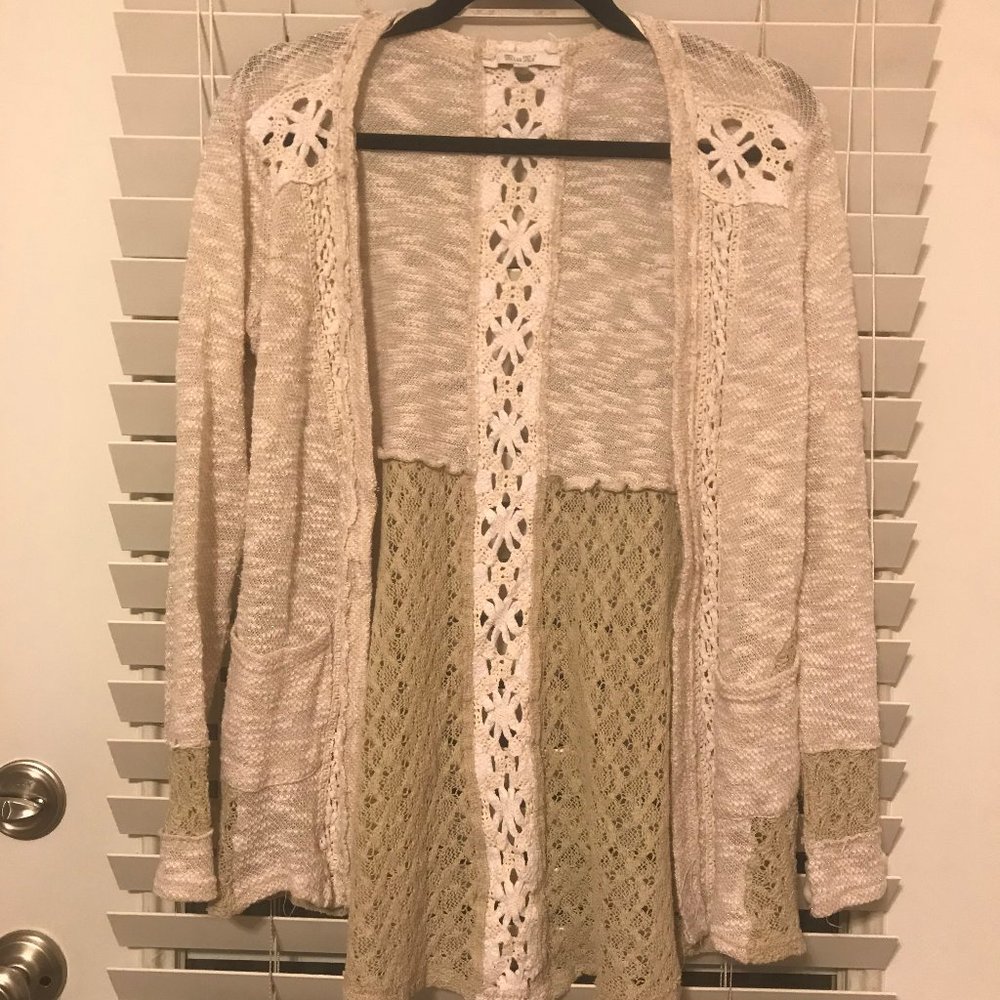 White and Beige Cardigan - Gold Thread Accents